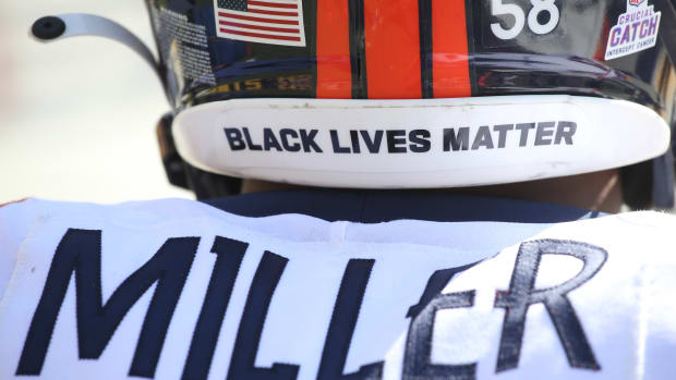 View of the helmet stickers and nameplate worn by Denver Broncos outside linebacker Von Miller (58) against the Pittsburgh Steelers during the second quarter at Heinz Field.